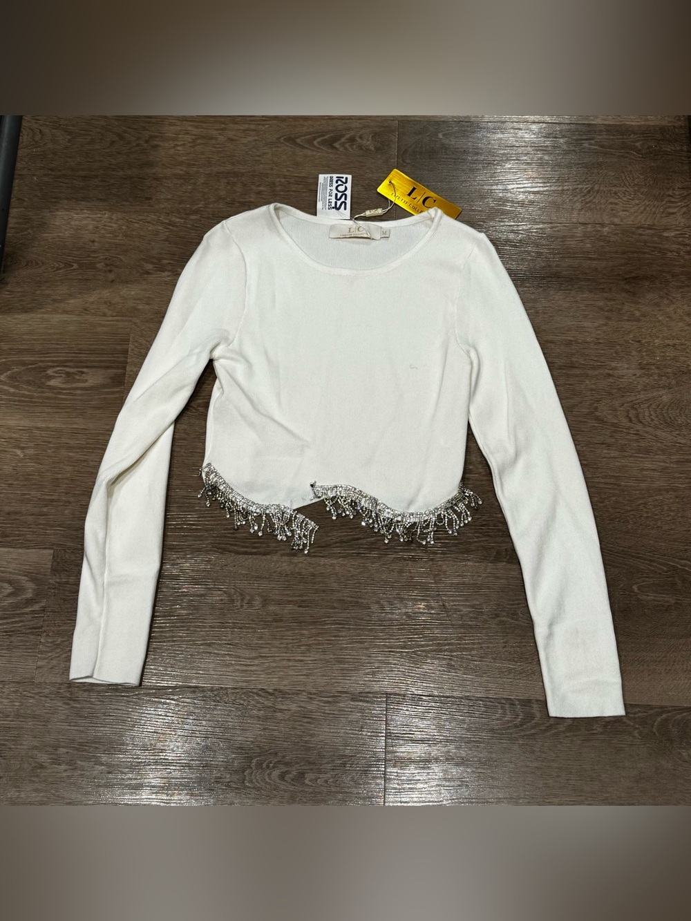 Cream Beaded Fringe Cropped Long-Sleeve Top